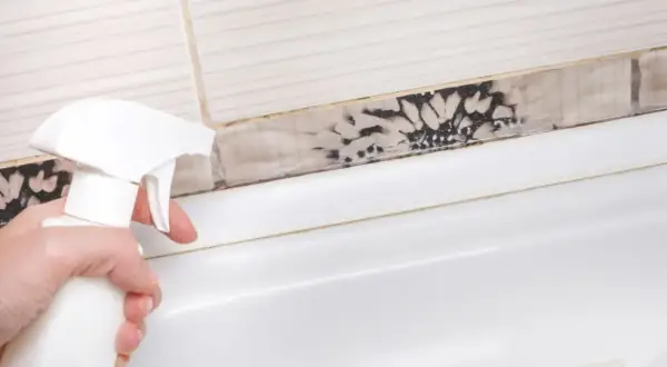 Dłoń trzymająca biały spray do czyszczenia pleśni na fugach łazienkowych.