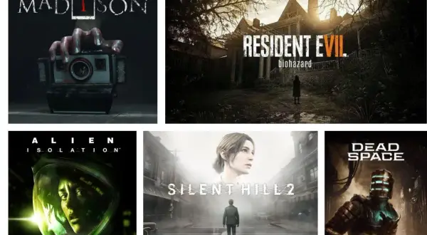 Kolaż okładek gier: Madison, Resident Evil 7, Alien Isolation, Silent Hill 2, Dead Space – to najstraszniejsze gry na świecie.
