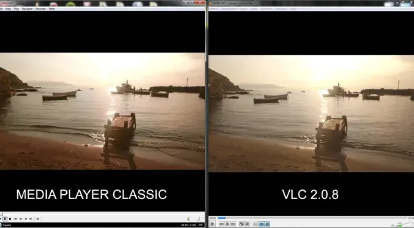 Side-by-side comparison of a sunset beach scene playing on Media Player Classic and VLC 2.0.8.