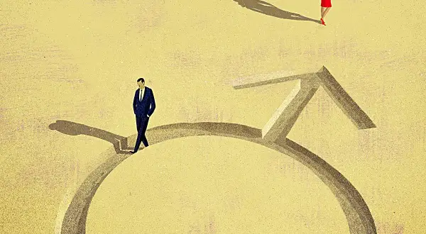 Facet w garniturze idzie ścieżką w kształcie symbolu Marsa, celując w kobietę. To ilustracja o tym, jak facet zdobywa kobietę.