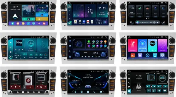 Ekran multimedialny do Opla Astry H z funkcją Bluetooth, pokazujący różne interfejsy: nawigację, muzykę, radio i aplikacje.