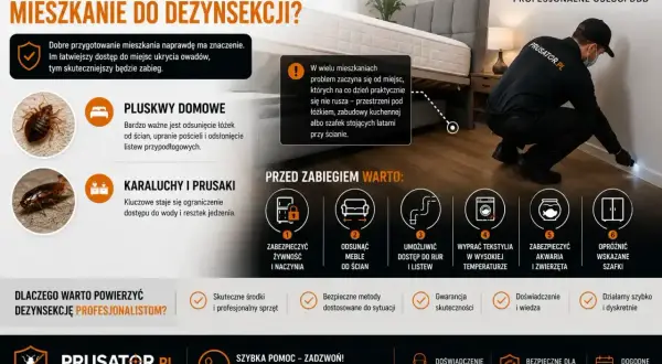 Pracownik firmy PRUSATOR.PL wykonuje dezynsekcję w mieszkaniu, przygotowując je do zabiegu. Na drodze krajowej 92 takie usługi są niezbędne.