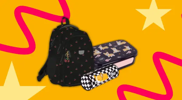 Plecak w wiśnie, piórnik i lunchbox z corgi – idealne akcesoria, jeśli szukasz inspiracji, jakie zeszyty do 8 klasy wybrać.