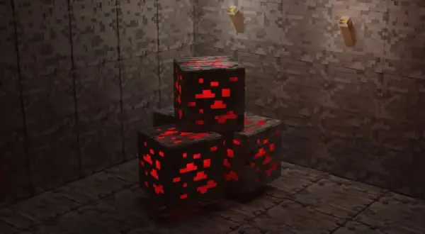 Bloki rudy czerwonego kamienia w kopalni. Idealne, by zastanowić się, jaki silnik do serwera Minecraft wybrać, by działał równie wydajnie.