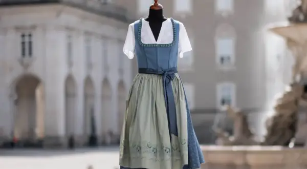 Blauer Dirndl mit hellgrünem Rock und Blumenmuster. Die dirndl farben bedeutung kann von Region zu Region variieren, aber Blau steht oft für Treue.