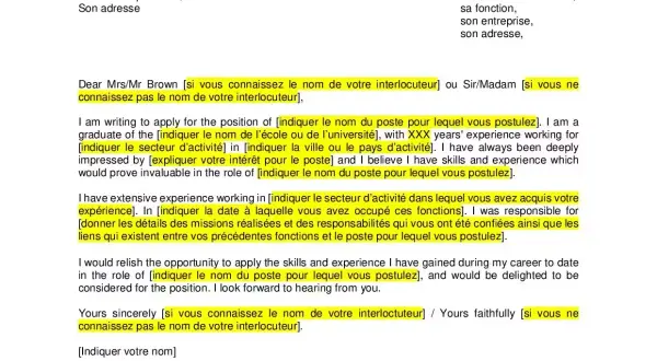 Modèle de lettre de motivation en anglais, avec des champs à remplir pour postuler à un emploi.