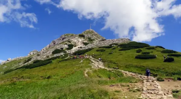 Kamienna ścieżka prowadzi na zielony zbocze, gdzie widać grupę turystów zmierzających na Giewont szczyt.