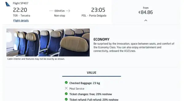 Lot na Azory z Terceiry do Ponta Delgada, klasa ekonomiczna, od 84,86 €. Widok wnętrza samolotu.