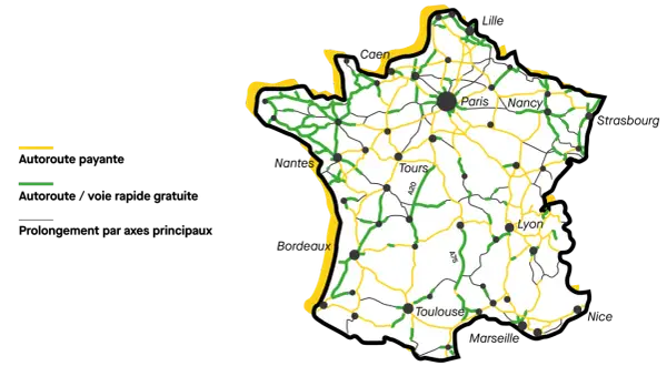 Carte de France montrant les autoroutes payantes (jaune) et l'autoroute sans péage (vert).
