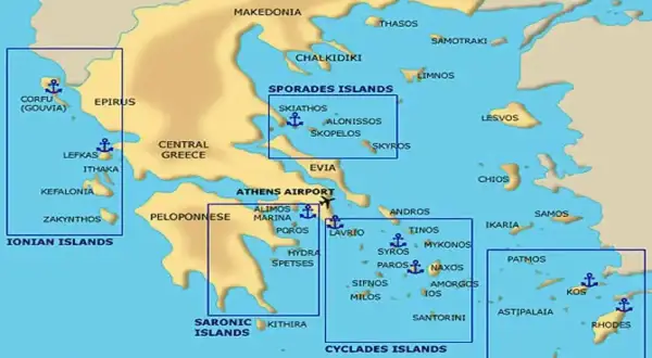 Mapa Grecji z zaznaczonymi archipelagami: Wyspy Jońskie, Sarońskie, Cyklady, Sporady, Dodekanez. Planujesz wakacje? Te wyspy w Grecji czekają!