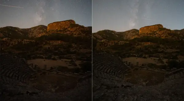 Side-by-side comparison: zoom lens vs wide lens captures a starry night sky over ancient ruins. The wide lens shows more of the expansive landscape.