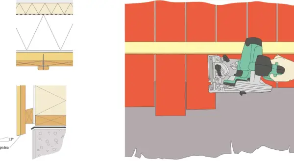 Sågas en stående panel med en cirkelsåg. Detaljer visar takkonstruktion och droppnäsa.