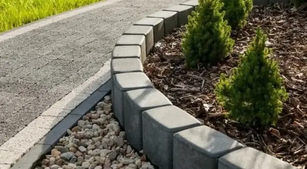 Obrzeże rabaty z kostki brukowej, wyznaczające granicę między ścieżką a zielenią. Kamienie i młode drzewka dopełniają aranżacji.