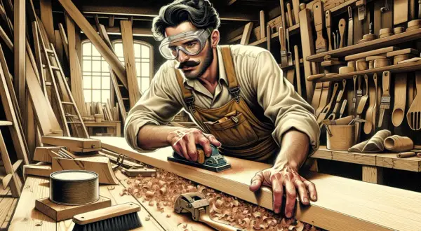Falegname con occhiali protettivi usa una pialla per sverniciare mobile legno. Trucioli di legno ovunque, attrezzi appesi alle pareti.