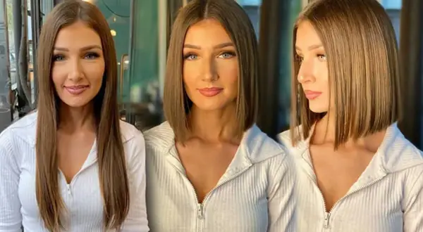 Trzy ujęcia tej samej kobiety z pięknymi, blond włosami. Na pierwszym widać ją z długimi, prostymi włosami, na kolejnych dwóch z modną, krótką fryzurą.