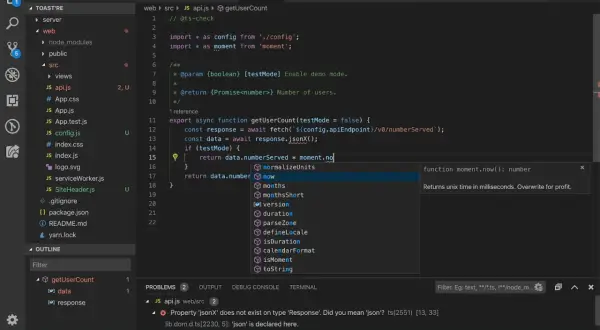 Kod JavaScript używa template literals do tworzenia URL, a podpowiedź sugeruje użycie `moment.now()` do pobrania aktualnego czasu.