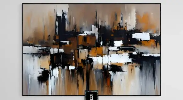 Abstract expressionist painting with bold strokes of black, white, and earthy tones, evoking the spirit of American abstract expressionist artists.