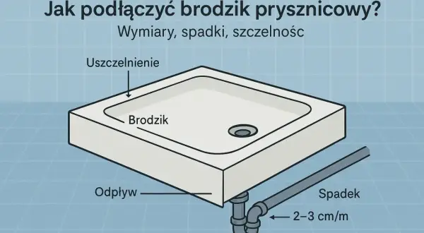 Ilustracja pokazuje podłączenie brodzika do odpływu. Widoczny jest brodzik, uszczelnienie, odpływ oraz spadek rury 2-3 cm/m.