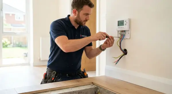 Un technicien installe un thermostat pour un plancher chauffant. Le joint de 2mm du carrelage est visible.