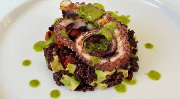 Delizioso polpo alla griglia su letto di riso venere, avocado e pomodorini, condito con salsa verde.