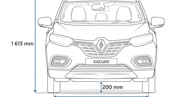 Renault Kadjar wymiary: wysokość 1613 mm, szerokość 1556 mm, prześwit 200 mm.