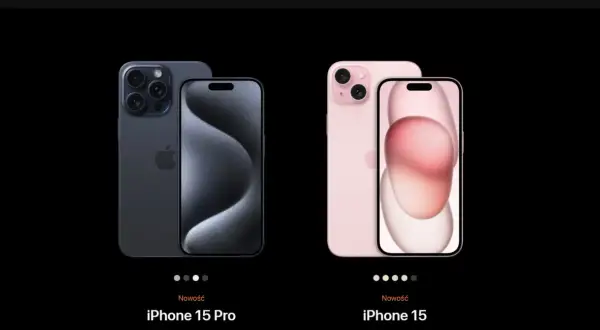 Dwa nowe modele iPhone 15: Pro w kolorze grafitowym z potrójnym aparatem i zwykły iPhone 15 w kolorze różowym.