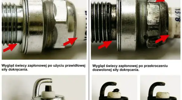 Prawidłowo dokręcone świece zapłonowe vs. uszkodzone przez zbyt dużą siłę dokręcania. Czerwone strzałki pokazują różnice.