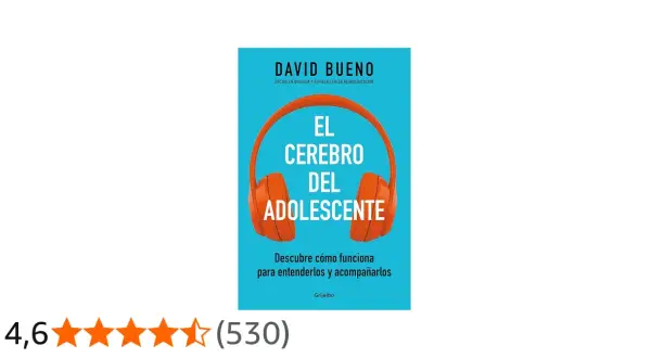 Portada del libro "El cerebro del adolescente" de David Bueno, con auriculares naranjas.