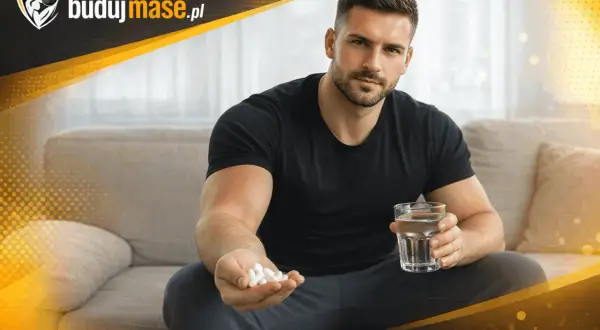 Mężczyzna trzyma garść tabletek i szklankę wody. Czy maślan sodu a tycie to temat do rozważenia?