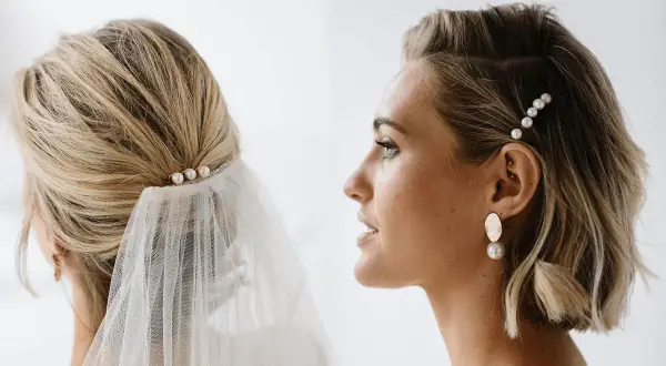 Elegancka fryzura boho z krótkimi włosami, ozdobiona perłowymi wsuwkami i welonem.