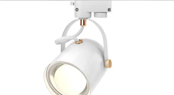 Nowoczesna lampa e27 na szynie, biała z miedzianymi detalami, idealna do podkreślenia każdego zakątka.