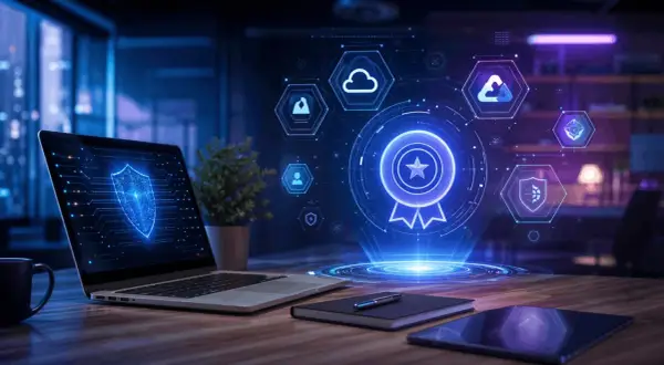 Nowoczesne stanowiska w IT: laptop z tarczą ochronną, hologram z ikonami chmury, bezpieczeństwa i nagrody.