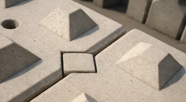 Betonowe pustaki szalunkowe z widocznymi wymiarami i otworami, gotowe do budowy.