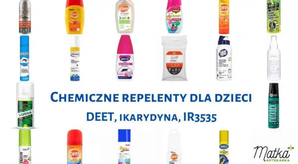 Kolekcja różnych środków odstraszających owady, w tym repelenty dla dzieci z DEET, ikarydyną i IR3535.