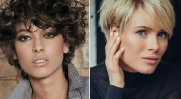 Dos mujeres con melena corta. Una con pelo rizado oscuro y la otra con pelo rubio liso. Estilos modernos para mujeres de 50 años.