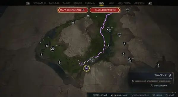 Mapa Hogwartu w Hogwarts Legacy. Fioletowa ścieżka prowadzi do studni. Spotkamy się kiedyś u studni.