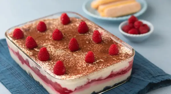 Himmlisches Himbeer-Tiramisu, ein schnelles Dessert, garniert mit frischen Beeren und Kakao. Perfekt für spontanen Genuss.