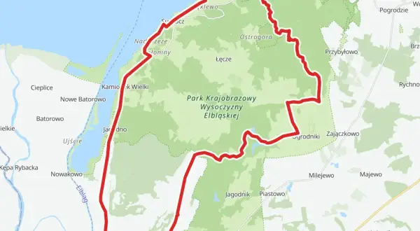 Trasa rowerowa wokół Parku Krajobrazowego Wysoczyzny Elbląskiej, blisko Elbląga i Mierzei Wiślanej.