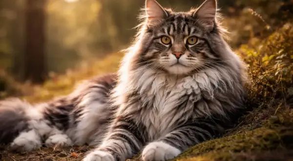 Majkun, majestatyczny kot rasy Maine Coon, leży w jesiennym lesie, otoczony złotym światłem.