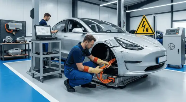 Mechanicy badają uszkodzone auto elektryczne. Czy to zapowiedź, dlaczego mechanicy odmawiają naprawy aut elektrycznych w 2026 roku?