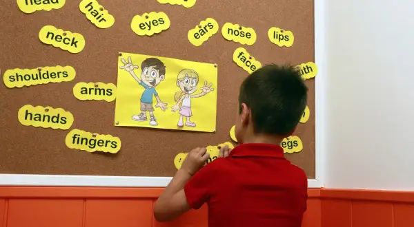 Niño participa en actividades de inglés infantil, asociando palabras como "head" y "body" a un dibujo.