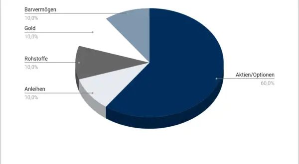 Kreisdiagramm zeigt eine Beispiel-Asset-Allocation: 60% Aktien/Optionen, je 10% Barvermögen, Gold, Rohstoffe und Anleihen.
