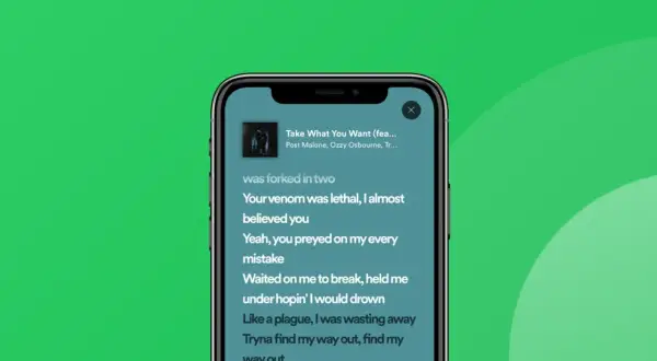 Ekran telefonu z widocznymi tekstami piosenki na Spotify.