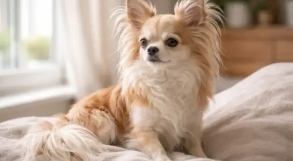 Długowłosy chihuahua siedzi na łóżku, z puszystym ogonem i uszami.