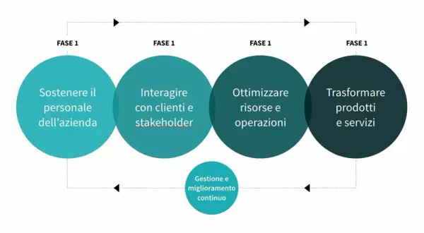 Schema fasi di un progetto: sostenere il personale, interagire con clienti, ottimizzare risorse, trasformare prodotti e servizi, con gestione e miglioramento continuo.