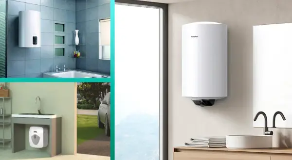 Scaldabagno per 4 persone: quanti litri servono? Immagini di scaldabagni moderni in bagno e sottolavabo.