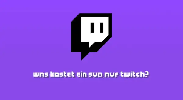 Das Twitch-Logo mit der Frage "Was kostet ein Sub auf Twitch?" auf lila Hintergrund.