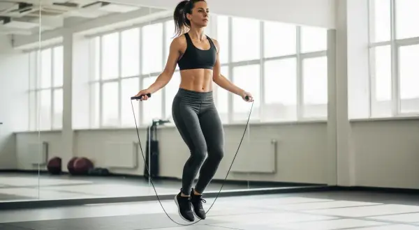 Femme en tenue de sport faisant un exercice corde à sauter dans une salle de sport lumineuse, avec des miroirs et de grandes fenêtres.