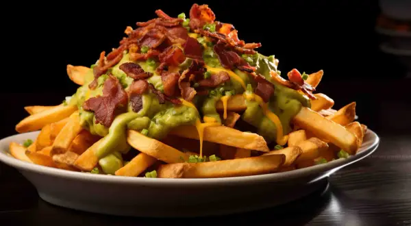 En hög med pommes frites toppad med ostsås, guacamole och knaprigt bacon. Dessa "dirty fries" ser otroligt goda ut!