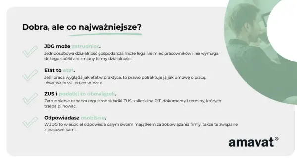 JDG może zatrudniać, ale pamiętaj o ZUS i podatkach. Właściwy wybór formy działalności, np. sp. z o.o., to klucz do sukcesu.